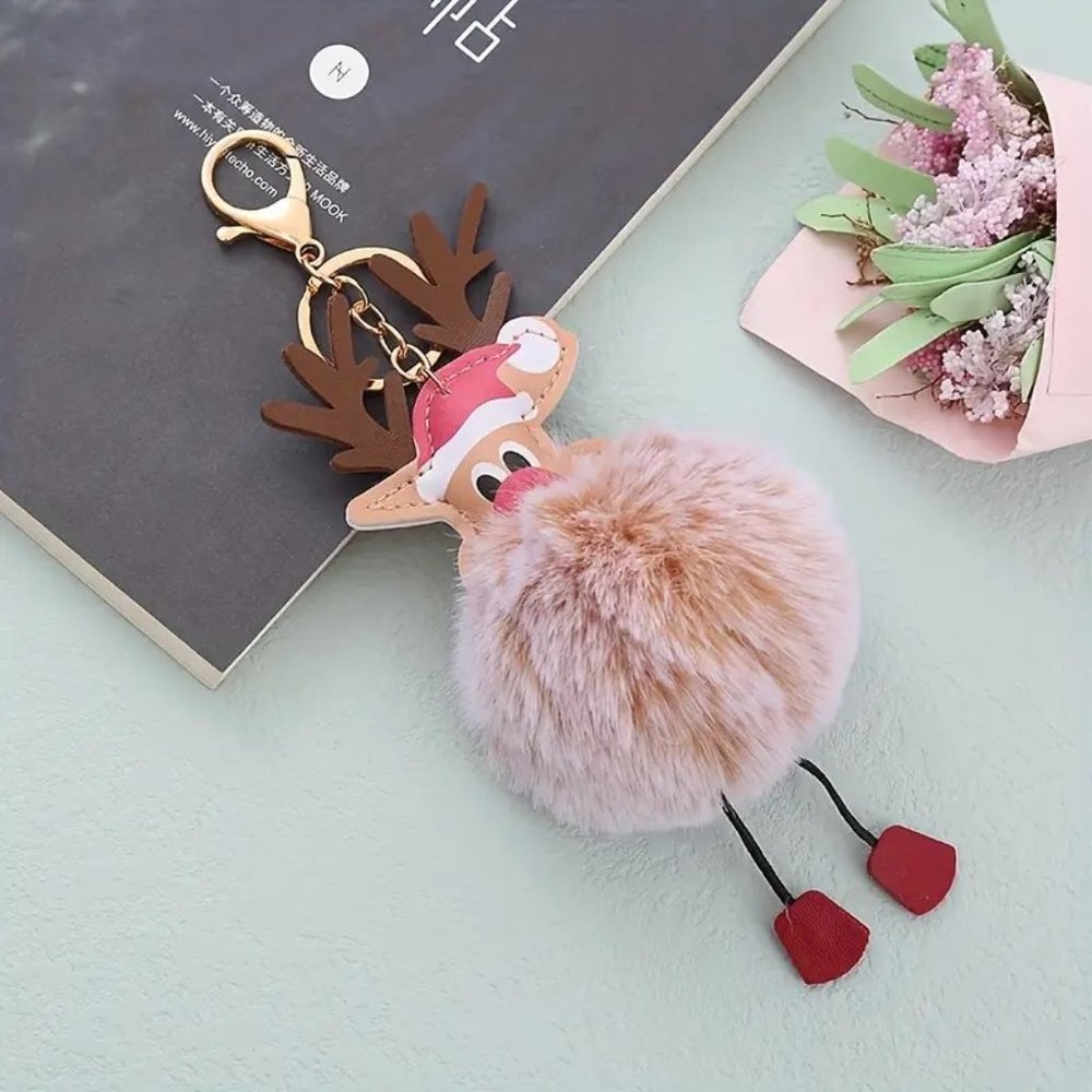 Reindeer Pom Pom Bag Charm Keychain Fuzzy Rudolph Red Nose Purse Stylish Glam
